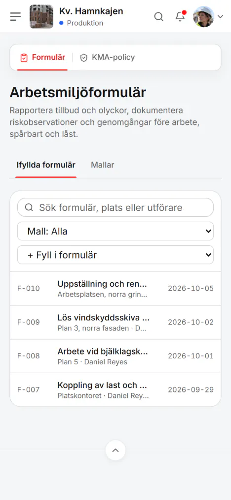 Skärmbild från Fidrel: Hela formuläret i telefonen