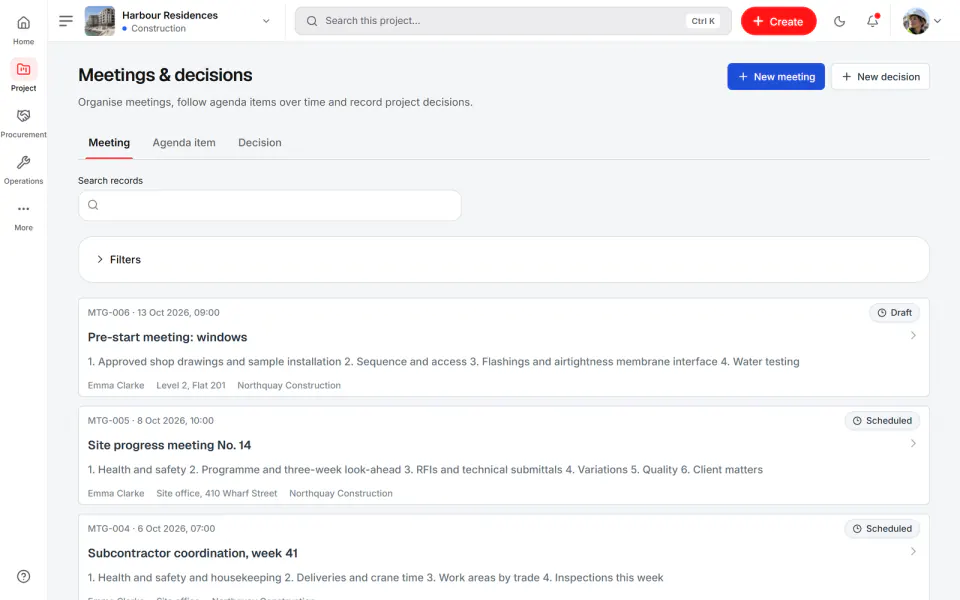Screenshot from Fidrel: Meetings