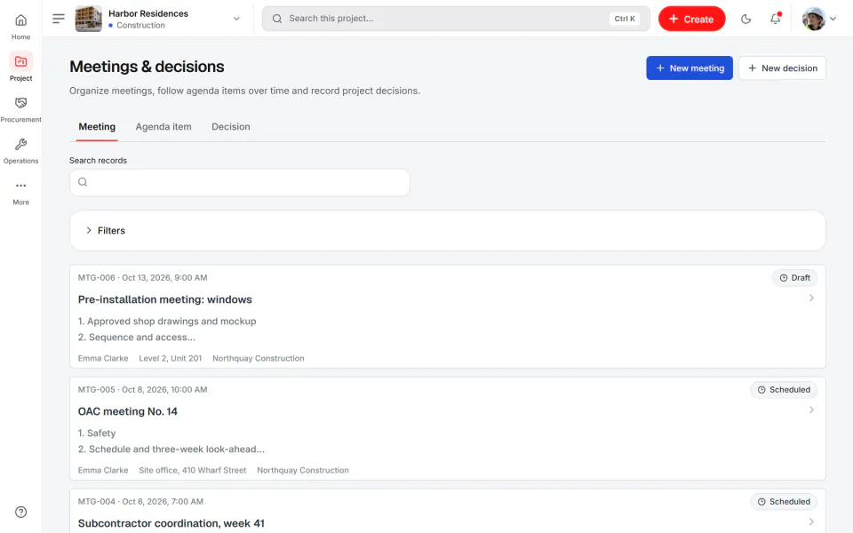 Screenshot from Fidrel: Meetings
