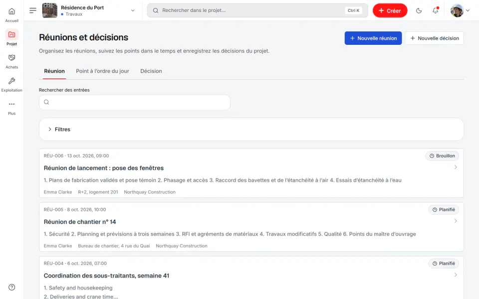 Capture d’écran de Fidrel : Réunions