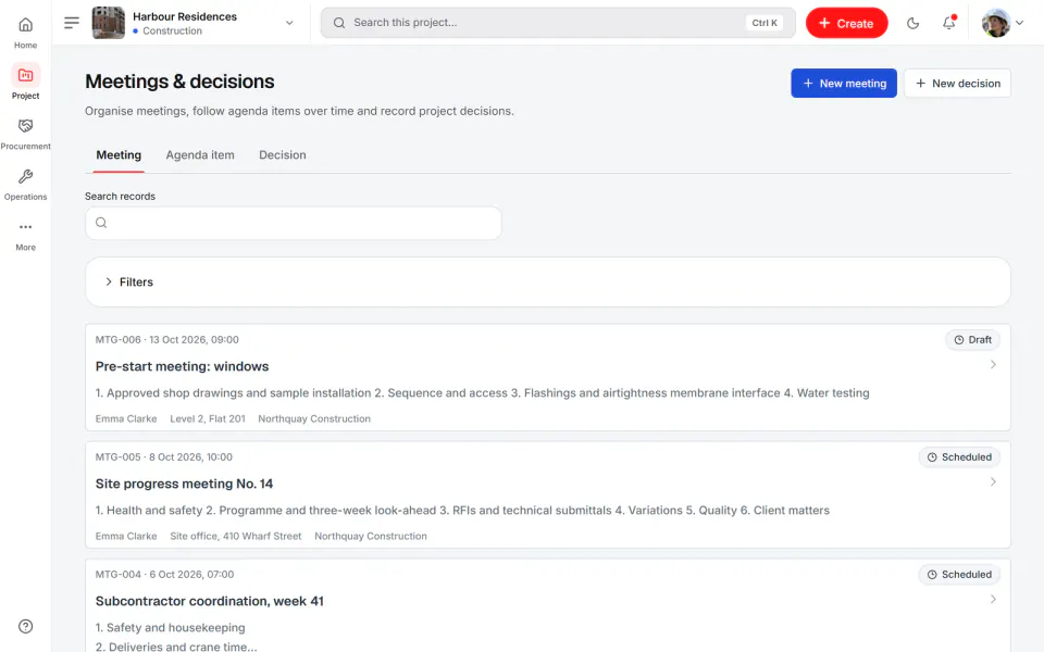 Screenshot from Fidrel: Meetings