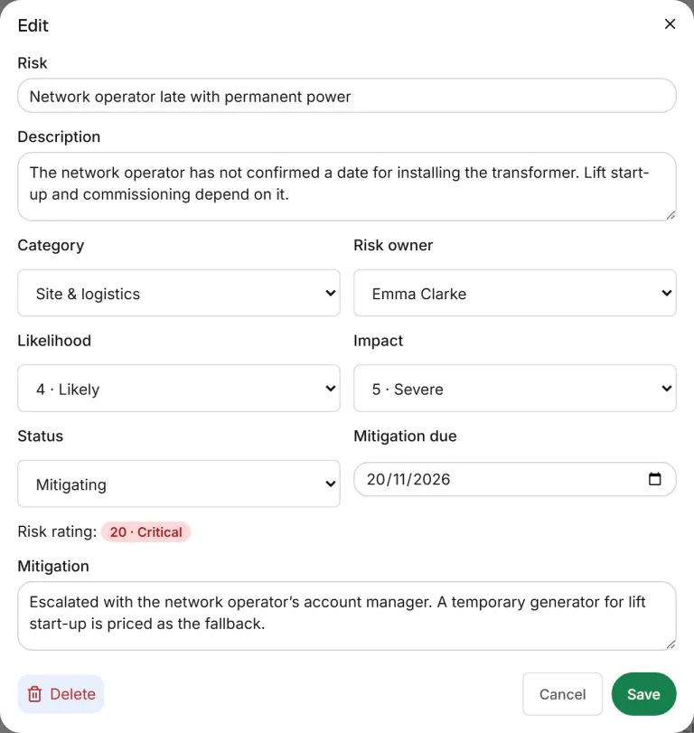 Screenshot from Fidrel: The risk owner is told