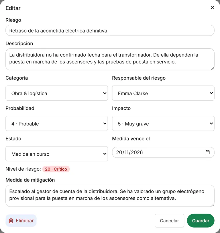 Captura de pantalla de Fidrel: El responsable del riesgo se entera