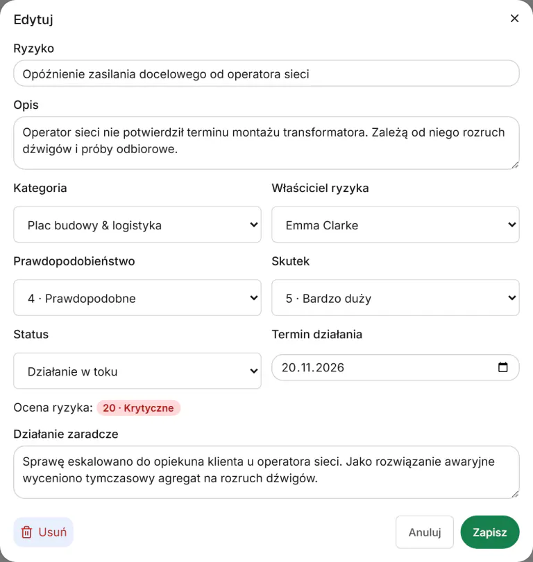 Zrzut ekranu z Fidrel: Właściciel ryzyka o tym wie