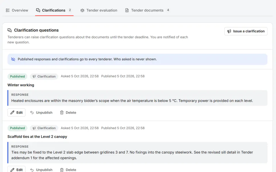 Screenshot from Fidrel: Tender addenda