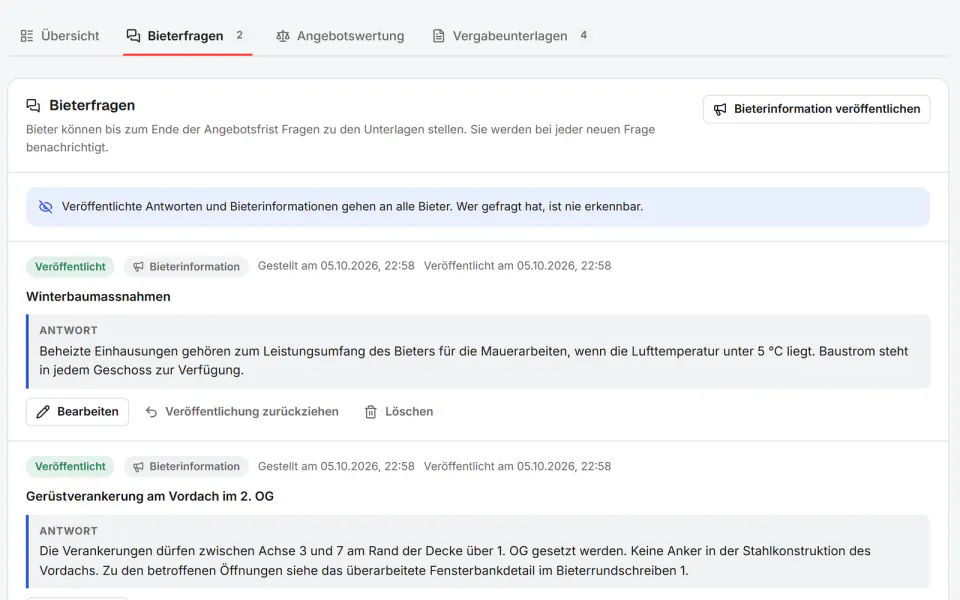 Screenshot aus Fidrel: Bieterrundschreiben
