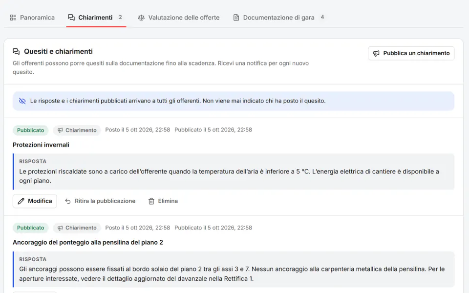 Schermata di Fidrel: Rettifiche della documentazione di gara