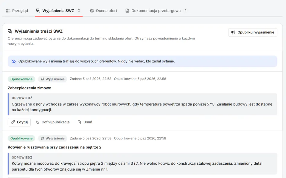 Zrzut ekranu z Fidrel: Zmiany dokumentacji przetargowej