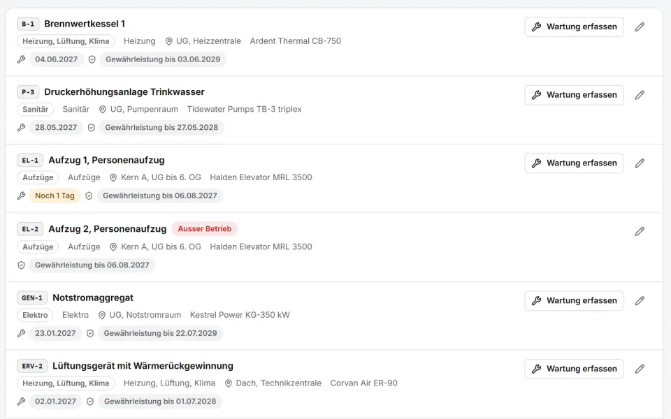 Screenshot aus Fidrel: Anlagen