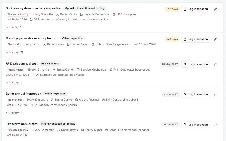 Screenshot from Fidrel: Statutory inspections