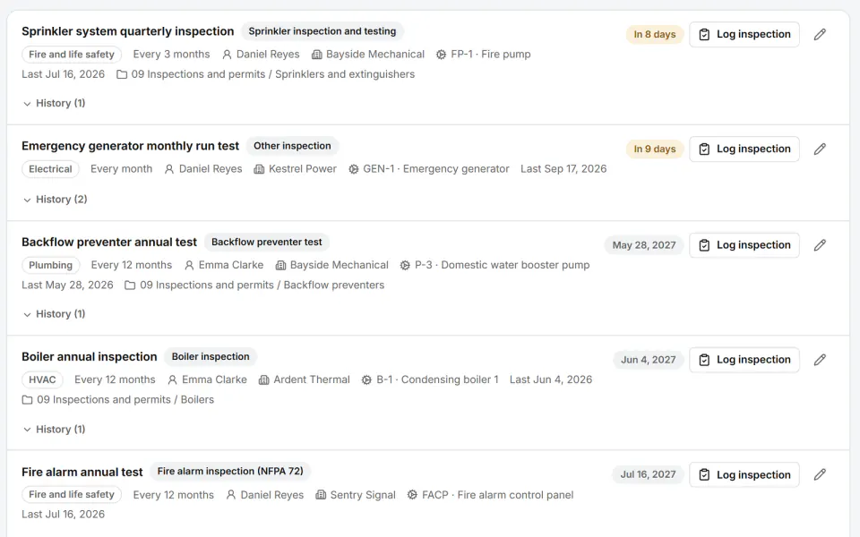 Screenshot from Fidrel: Inspections