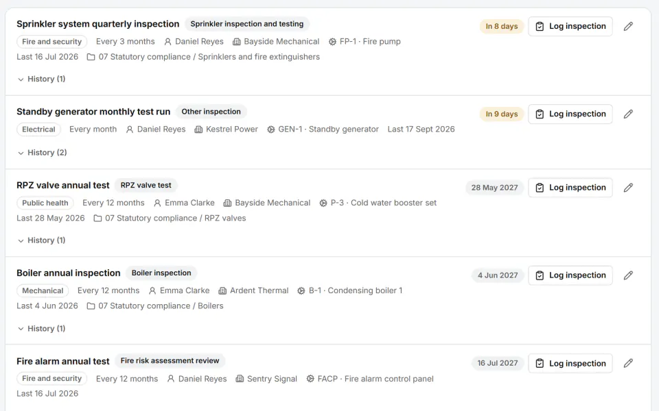 Screenshot from Fidrel: Statutory inspections