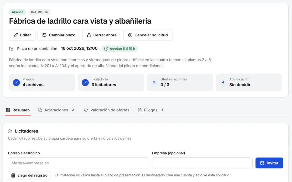 Captura de pantalla de Fidrel: Licitación externa