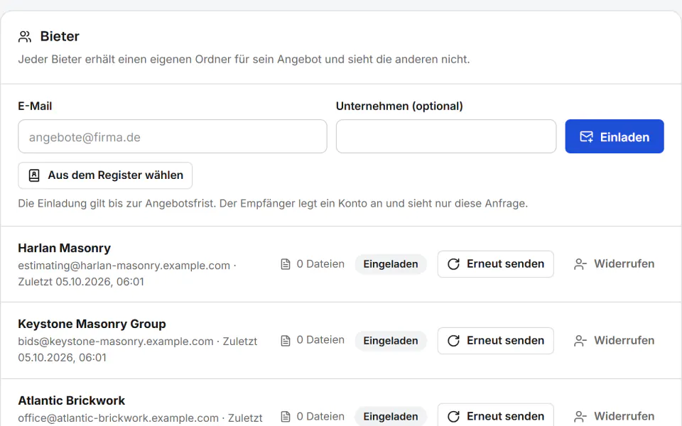 Screenshot aus Fidrel: Der Bieter sieht nur seine Anfrage