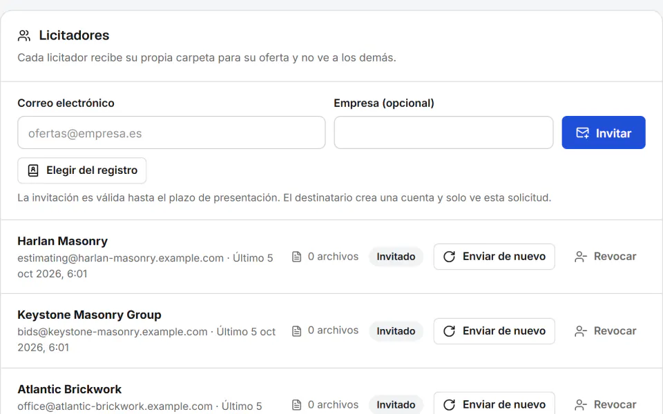 Captura de pantalla de Fidrel: El licitador solo ve su solicitud