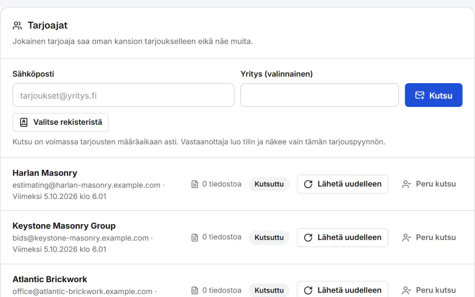 Kuvakaappaus Fidrelistä: Tarjoaja näkee vain oman tarjouspyyntönsä