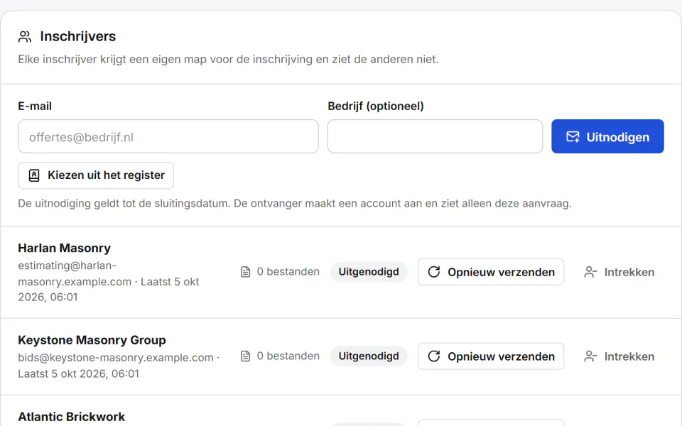 Schermafbeelding van Fidrel: De inschrijver ziet alleen de eigen aanvraag