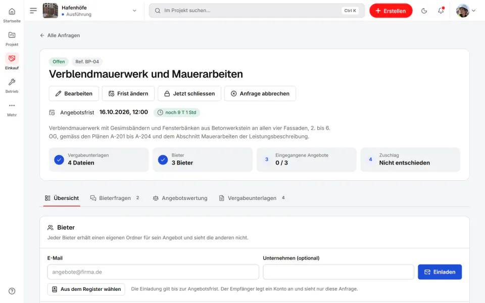 Screenshot aus Fidrel: Angebotsanfrage