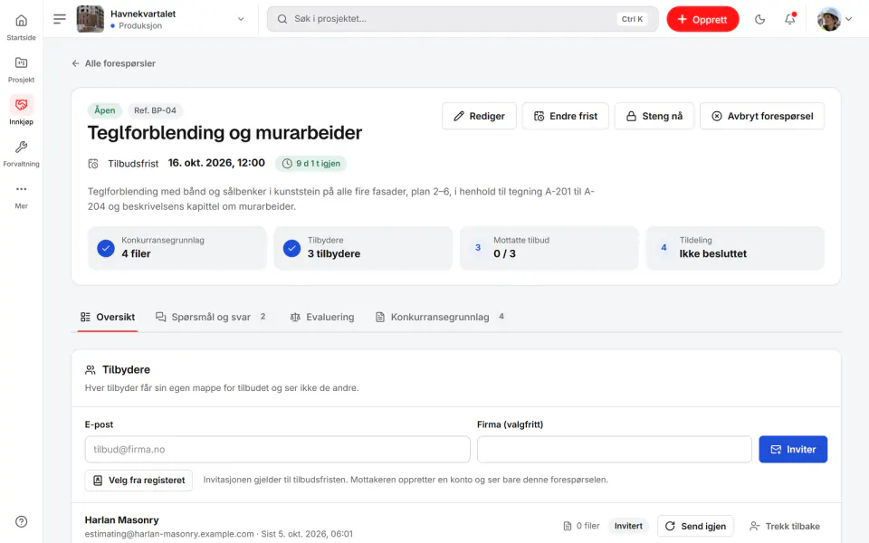 Skjermbilde fra Fidrel: Anbudsforespørsel