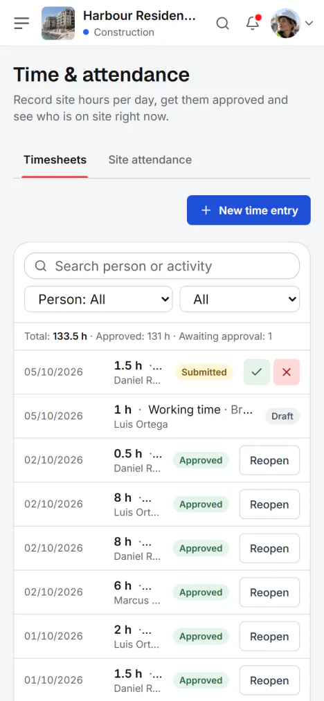 Screenshot from Fidrel: The day’s hours from your phone