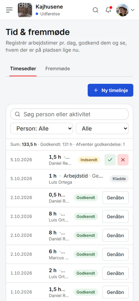 Skærmbillede fra Fidrel: Dagens timer fra telefonen
