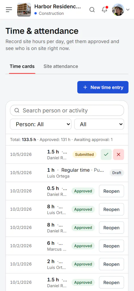 Screenshot from Fidrel: The day’s hours from your phone