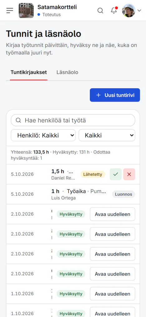 Kuvakaappaus Fidrelistä: Päivän tunnit puhelimella