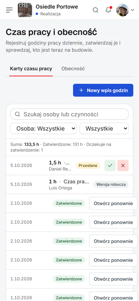 Zrzut ekranu z Fidrel: Dzisiejsze godziny z telefonu