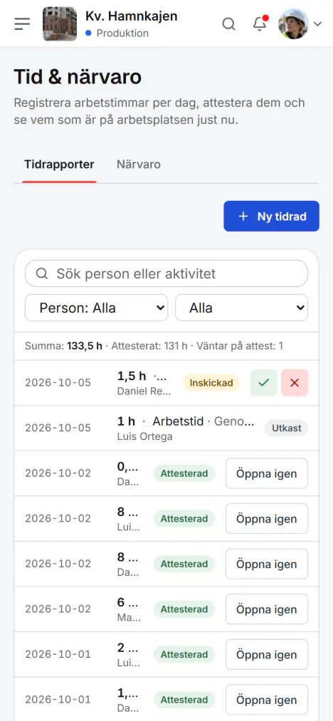 Skärmbild från Fidrel: Dagens timmar från telefonen