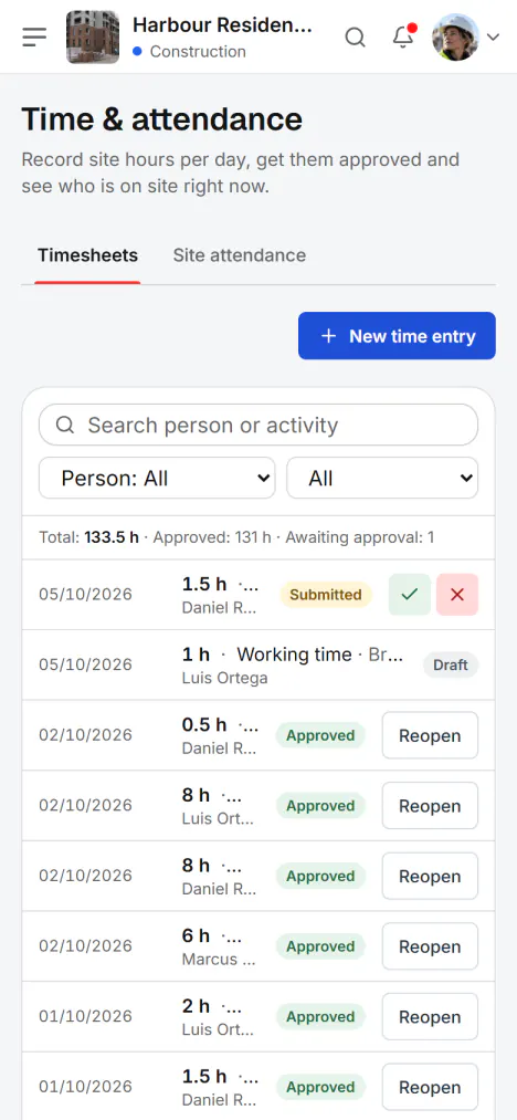Screenshot from Fidrel: The day’s hours from your phone