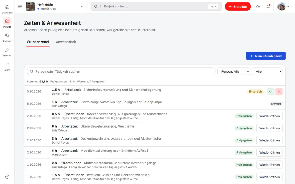 Screenshot aus Fidrel: Stundenzettel