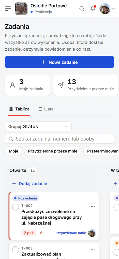 Zrzut ekranu z Fidrel: Twoje zadania na telefonie